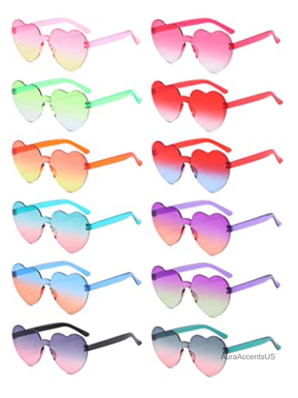 12 Pack Heart Shaped Rimless Sunglasses, Party Favor, One Size Fit Most